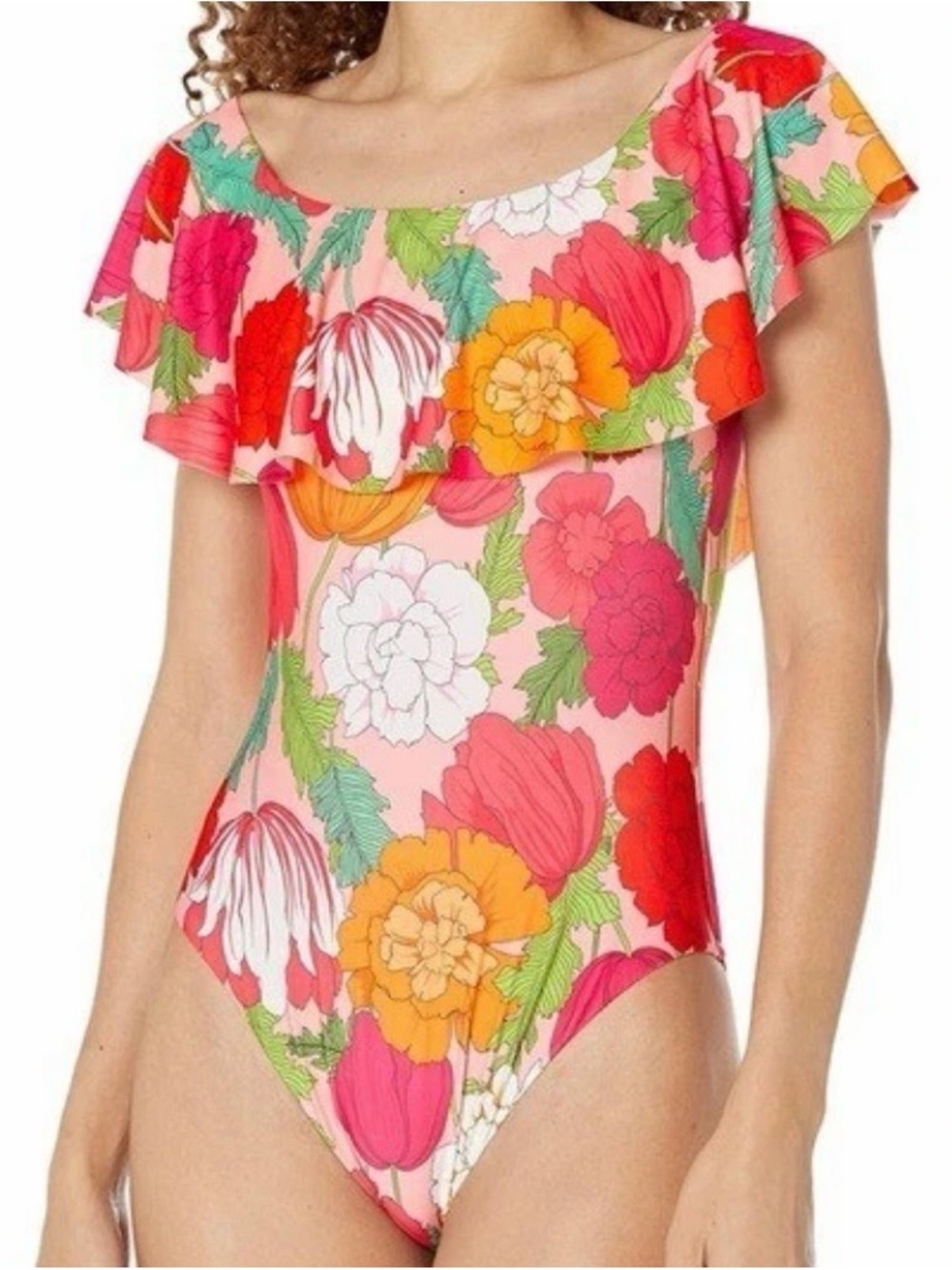 Trina Turk Standard Sunny Bloom Off Shoulder Ruffled One Piece Swimsuit Size 6.
